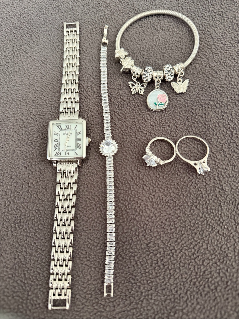 Silver Women's Charm Bangle Bracelet and Jewelry Set - Silver